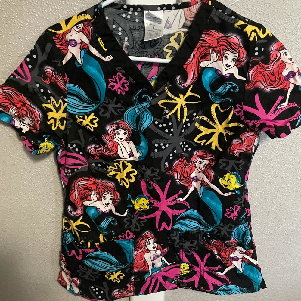 Disney size small little mermaid scrub top